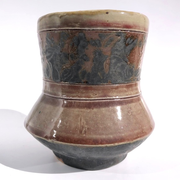 handmade pottery vase raku vessel leaves brown black blue drip 4 inches tall - Picture 2 of 16